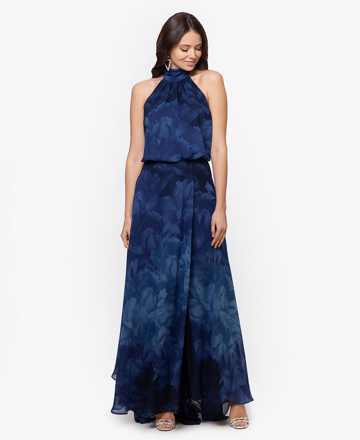 Betsy & Adam Women's Long Chiffon Print Halter Neck Dress view 2 — MAYCSS fashion products