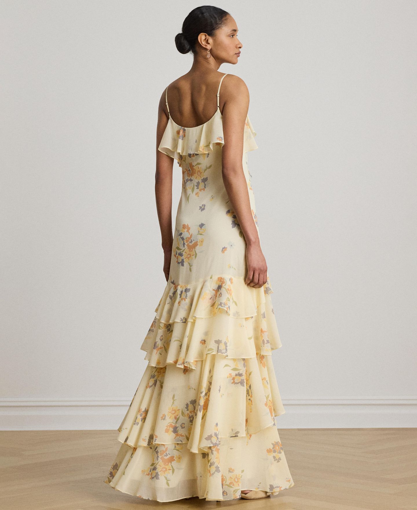 Женское платье Lauren Ralph Lauren Floral Ruffle-Trim Georgette Gown, цвет: Кремовый разноцветный — фото 4