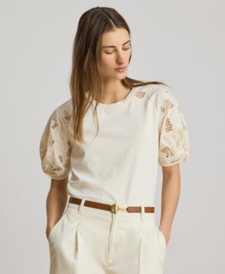Women's Crewneck Eyelet-Bubble-Sleeve Top