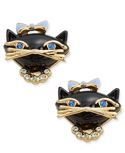 Kate Spade New York Gold Tone Crystal And Enamel Black Cat Stud