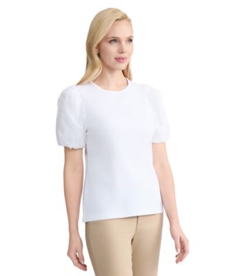 Women's Eyelet Puff-Sleeve Crewneck Top