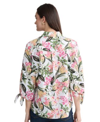 Women's Collared Printed Tie-Sleeve Shirt