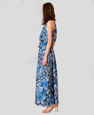 Women's Printed Satin Halter Neck Maxi Dress