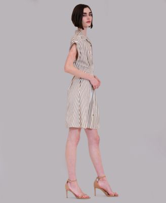 Women's Stripe Collared Neck Mini Shirt-Dress