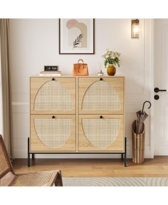 Rattan Shoe Cabinet, 4-Door Flip, Narrow Entry Storage