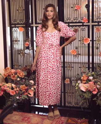 Women's Sweetheart Neck Puff-Sleeve Cotton Midi Dress