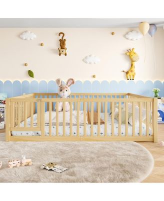 Queen Size Bed Floor Bed with Safety Guardrails and Door for Kids