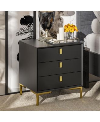 Nightstand with three drawers, wooden side table, end table with gold legs, bedside table for bedroom, living room, office