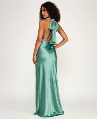 Juniors' Satin Cowl-Neck Halter Gown