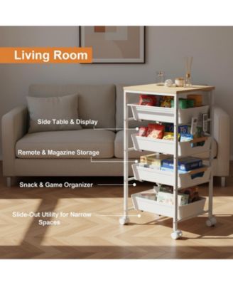 5-Tier Slim Rolling Storage Cart Wooden Top Pull-Out Baskets Narrow Space Organizer for Kitchen Bathroom Laundry