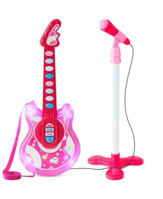 19in Kids Flash Guitar, Pretend Play Musical Instrument Toy for Toddlers w/ Mic, Stand