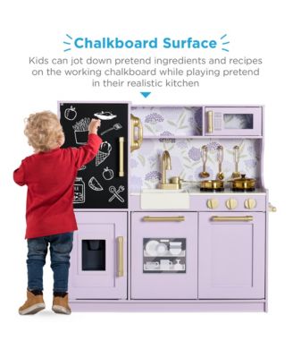 Pretend Play Kitchen Wooden Toy Set for Kids w/ Telephone, Utensils, Oven, Microwave