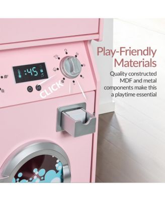 Pretend Play Kids Wooden Stacked Washer and Dryer Set w/ Toy Laundry Storage and Accessories