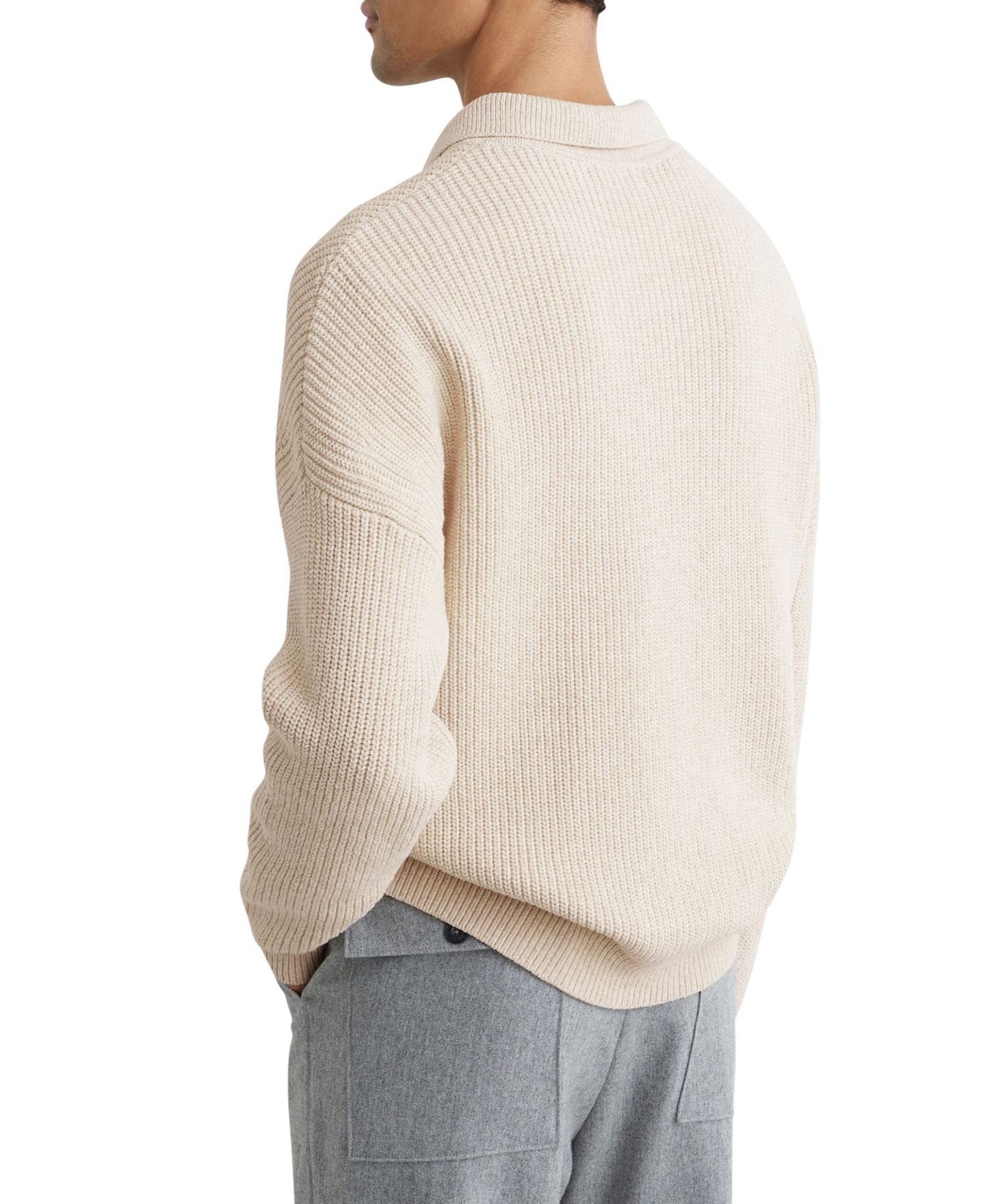 Мужской свитер REISS Prop Cotton-Blend Rib Half-Zip Polo Sweater, цвет: Овсяный меланжевый — фото 3
