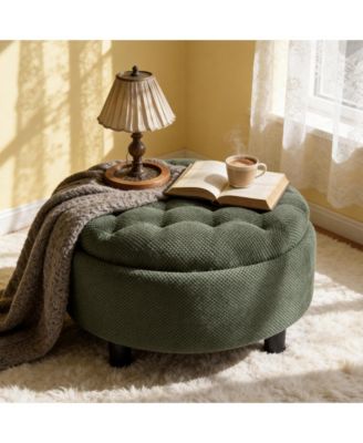 25" Round Storage Ottoman - Modern Tufted Fabric Circle Coffee Table with Removable Top, Footrest Stool for Living Room, Bedroom