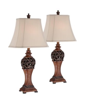 Exeter 30 Tall Large Traditional End Table Lamps Set of 2 WiFi Smart Socket Wood-Tone Finish Living Room Bedroom