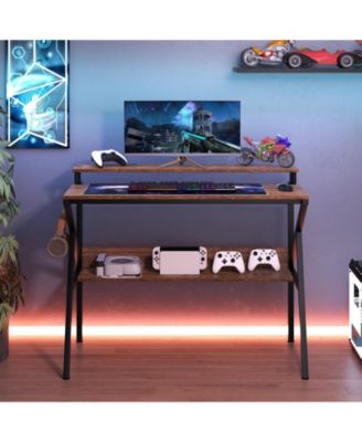 Space Saving Computer Desk with Monitor Stand and Extra Storage Shelf for Work Study-Rustic Brown