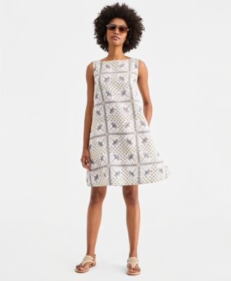 Women's Printed 100% Linen Sleeveless Shift Dress