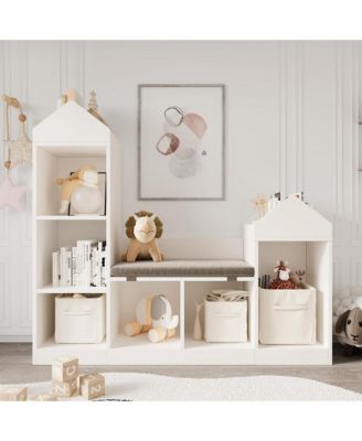 Kids Bookshelf with Reading Nook, 6-Cubby Toy Storage Organizer with Seat Cushion, 47.75" Wide Children Bookcase