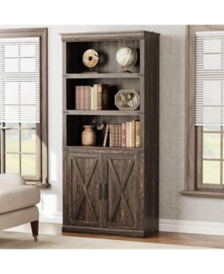 68.7" 5-Tier Farmhouse Wooden Bookcase with Cabinet Doors, Retro Bookshelf for Home and Bedroom