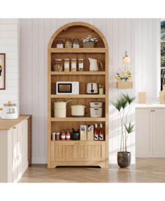 71" Tall Arched Pantry Cabinet, 6-Tier Freestanding Bookshelf with Drawer and Anti-Tip