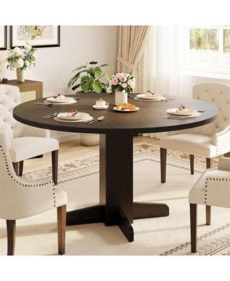 Round Dining Room Table for 4-6, 47" Wood Kitchen Table with Sturdy Pedestal Base, Farmhouse Circle Dinner Tables for Living Room, Apartment
