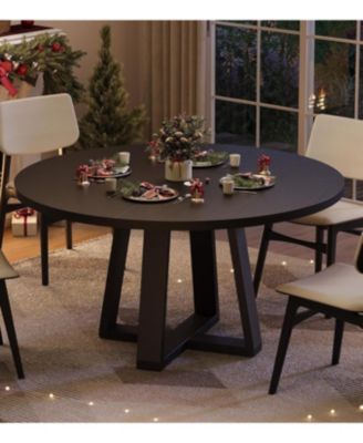 Round Dining Table for 4-6 People, Circle Kitchen Table with Cross Base, Farmhouse Wood Dinner Table for Apartment