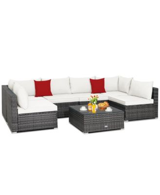 7Pieces Patio Rattan Furniture Set Sectional Sofa Cushioned Garden