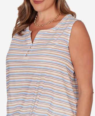 Plus Size Striped Slub Sleeveless Henley Tie Front Top