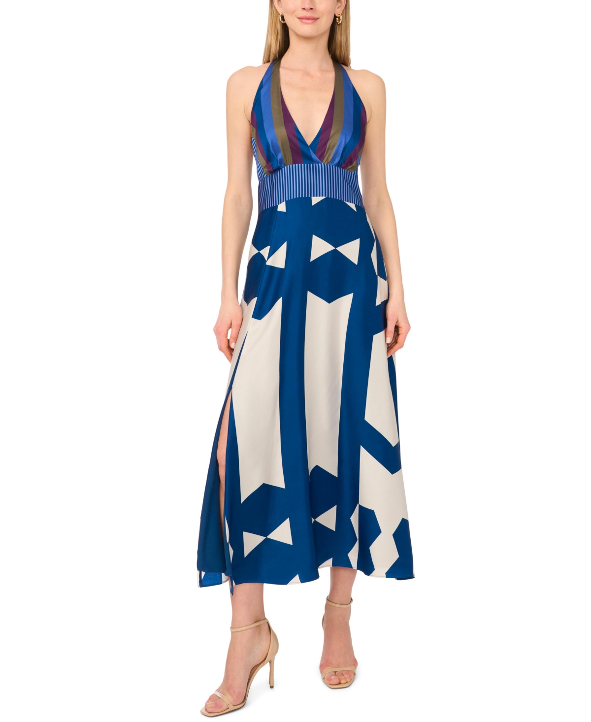 Vince Camuto Women's Mixed-Print V-Neck Maxi Halter Dress