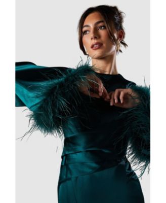 Women's Feather Trim Satin Maxi Dress