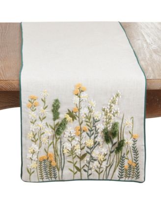 Embroidered Linen Blend Floral Table Runner, 16" x 72"