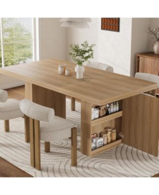 Dining Table with Storage, Wood Kitchen Table with Thickened Tabletop and Fluted Legs, Dinner Tables for Kitchen Dining Room