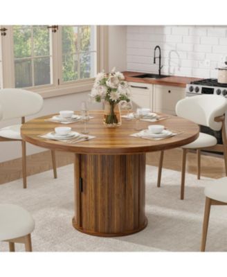 47 Inch Round Dining Table for 4-6, Kitchen Table with 2-Layer Storage Shelf and a Drawer, Farmhouse Circle Dinner Table