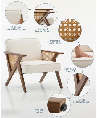 Mid-Century Modern Accent Chair,Linen Upholstered Vintage Rattan Vanity Chair Cute Reading Arm Chair Wood Frame for Lounge,Living Room,Bedroom.