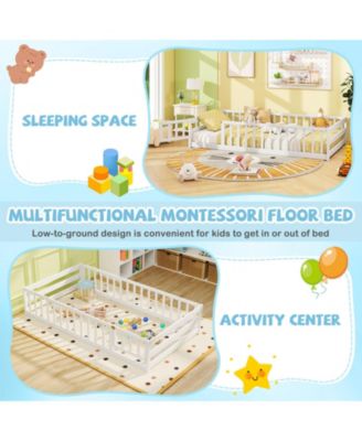 Twin Size Kids Montessori Floor Bed with Lockable Door and Fence Guardrails