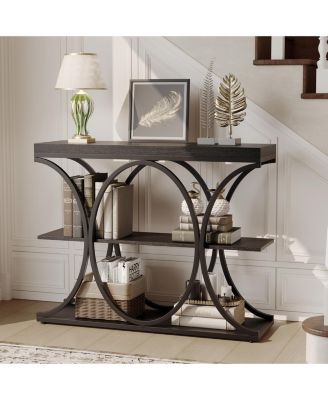 39" Industrial 3-Tier Sofa Console Table with Oval-Shaped Metal Frame and Adjustable Feet, Entryway Table
