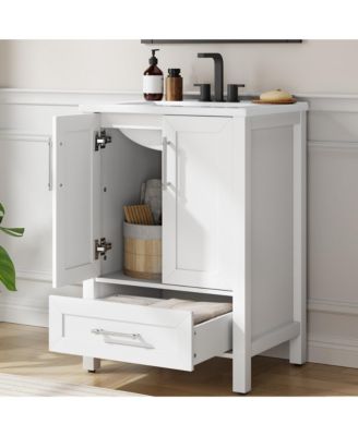 Bathroom Vanity with Ceramic Sink, Bathroom Storage Cabinet with Drawer and 2 Soft Closing Doors, Single Sink Bathroom Vanity with Integral Top