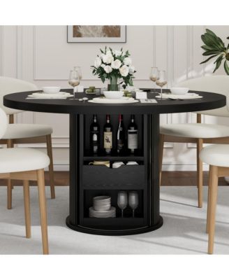 Round Dining Table, Kitchen Table with 3-Layer Storage Shelf and a Drawer, Farmhouse Dinner Table