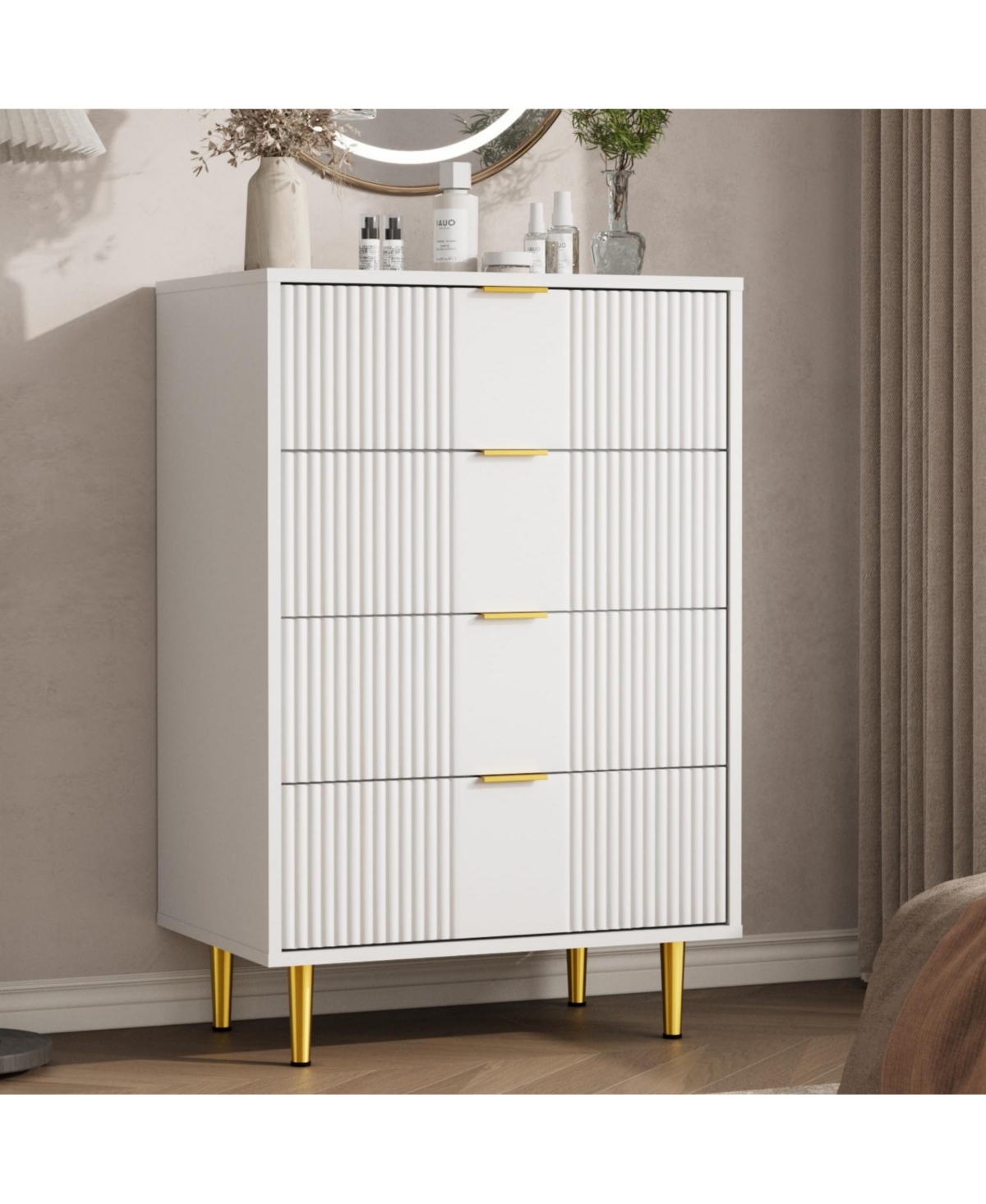gaomon Fluted Dresser for Bedroom with Drawers, Tall Modern Chest of Drawers with Metal Handle, Wooden Closet Clothes Storage Organizer - White