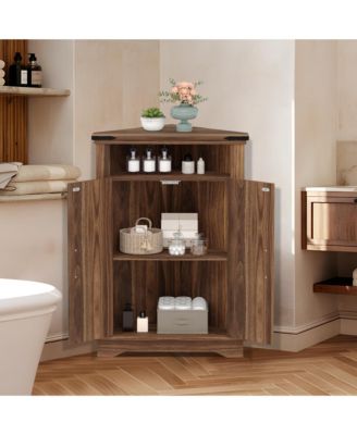 Farmhouse Corner Bathroom Cabinet with Sliding Barn Door - Adjustable Shelf and Compact Organizer - Space-Saving Floor Standing Cabinet