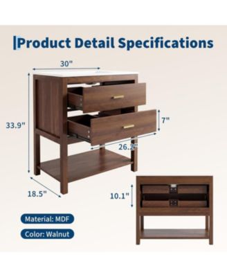 30" Modern Bathroom Cabinet with Sink, Ceramic Integral Basin, 2 Soft-Close Drawers and Open Shelf, Space-Saving Bathroom Storage Solution