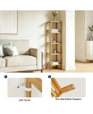 5-Tier Bamboo Shelf Narrow Bathroom Shelf with Slatted Shelves Wood Plant Stand Standing Towel Rack Corner Rack