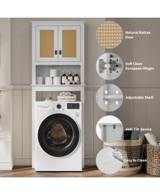 Over Toilet Storage Cabinet with Rattan Doors and Adjustable Shelf, Farmhouse Bathroom Organizer with Open Shelf