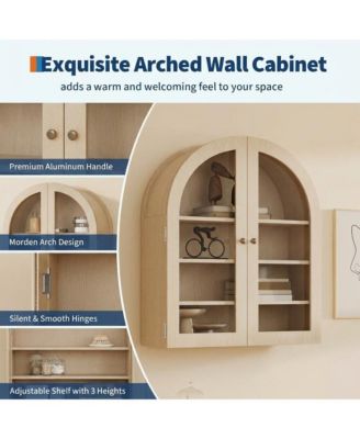 Arched Bathroom Wall Cabinet with Glass Doors and Adjustable Shelves, Wood Over Toilet Storage Organizer for Bathroom and Laundry Room