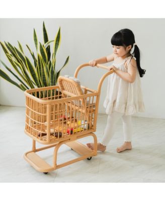 Handcrafted Rattan Kids Shopping Cart with Baby Seat - Wicker