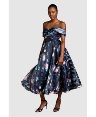 Women's Stripe Organza Pleat Top Midi Dress