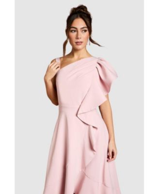 Women's One Shoulder Crepe Ruffle Midi Dress