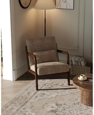 Mid-Century Modern Accent Chair, Wide-Wale Corduroy Upholstery, Solid Wood Armchair with Removable Lumbar Pillow, Sturdy Reading Chair.