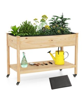 Mobile Pine Wood Raised Garden Bed with Lockable Wheels and Storage Shelf